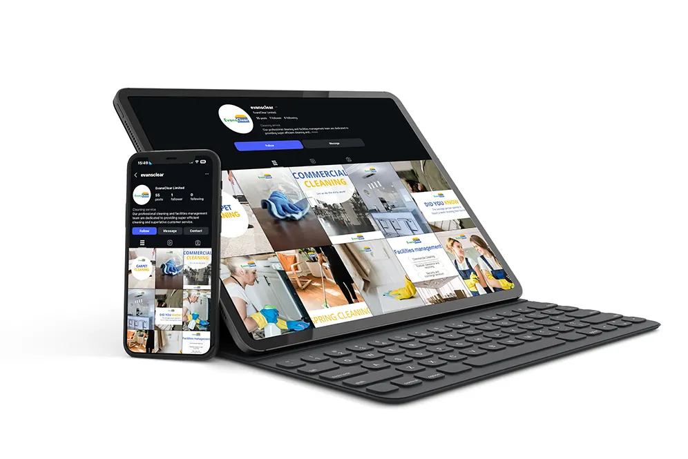 EvansClear Instagram profile and social content shown on a tablet and phone