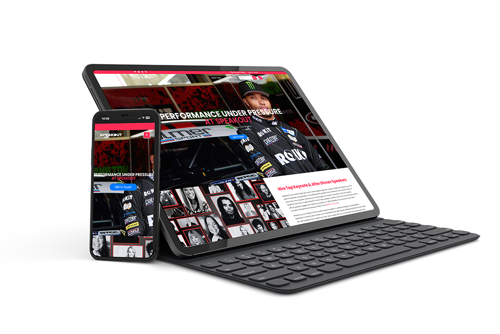 SpeakOut website shown on a tablet and phone