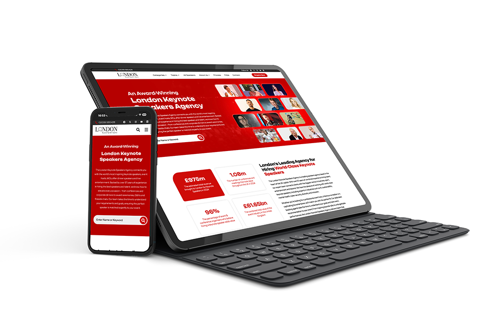 London Keynote Speakers Agency website shown on a tablet and phone